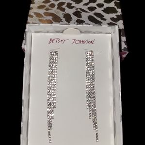 New Genuine Betsey Johnson Silver Dangle Rhinestone Earrings 90's Style 3.5"
